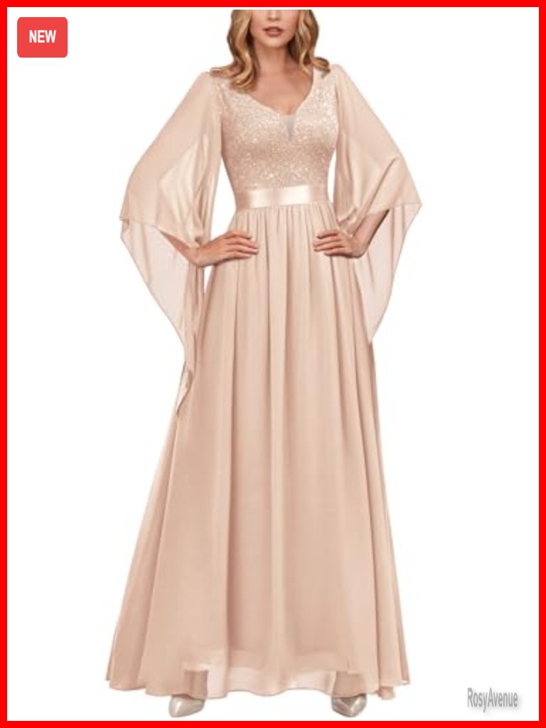 Deep V-Neck Lace Contrast Sequin 3/4 Sleeve Formal Evening Maxi Dress
